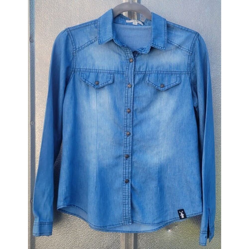 Dutch Bros Americano Long Sleeve Button Up Denim Style Shirt Size M